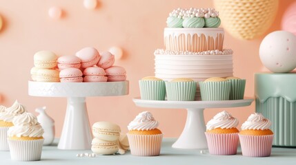 Colorful dessert display with cupcakes and macarons