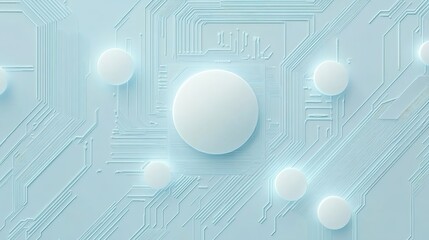 Futuristic technology background with white circle circuit wires on light blue motherboard. AI chip or semiconductor concept. Abstract tech bg. Modern web banner. Digital vector illustration. 