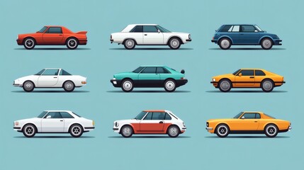 Collection of vintage cars in various colors and styles, side view.