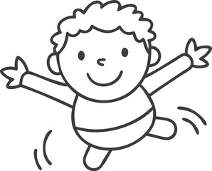 A monochrome outline of a happy kid with open arms.