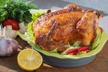 Juicy baked chicken served over fresh herbs with lemon and vegetables. A close-up of a whole grilled chicken.