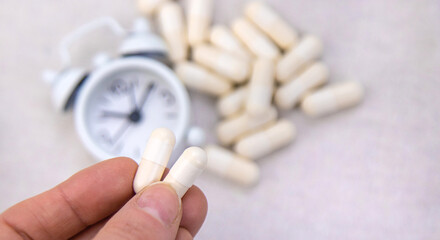 5-HTP sleep supplement capsules. Selective Focus.