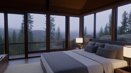 Minimalist bedroom overlooking serene mountainous landscapes with floor-to-ceiling windows and natural rock walls