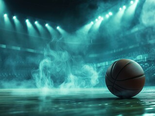 Close-up of a basketball on court with stadium background under dramatic lighting