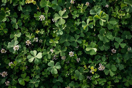 •  A field of lush green clover with tiny white and pink flowers scattered among the foliage.