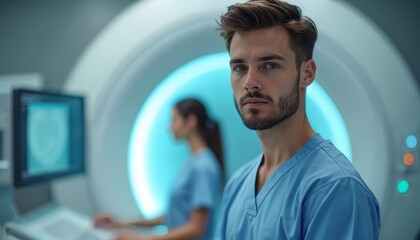 Focused nuclear medicine technologist operates advanced imaging equipment. Healthcare pro works in medical diagnostic center. Patient, medical staff in hospital background.