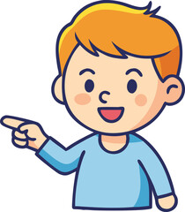 A cheerful young boy pointing forward with a friendly smile.