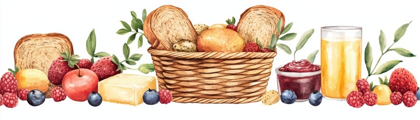 Fresh fruit and bread basket with juicy beverages