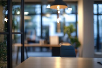 Empty office space with desk, chairs, and natural light through windows during the daytime