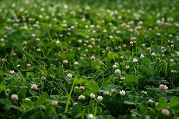 &bull;  A field of lush green clover with tiny white and pink flowers scattered among the foliage.