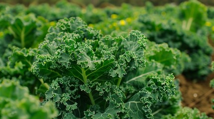 &bull;  A field of lush green kale with curly leaves, ready for harvest.