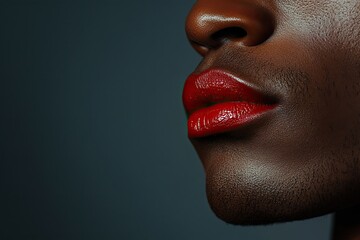 Close-up of seductive red lips on dark skin showing beauty and cosmetics