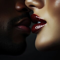 Interracial couple sharing a passionate kiss with glossy red lipstick