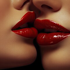 Two Glossy Red Lips Kissing Passionately