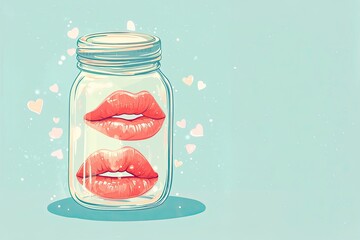 Glossy Lips Floating in a Glass Jar with Sparkling Hearts on a Pastel Background