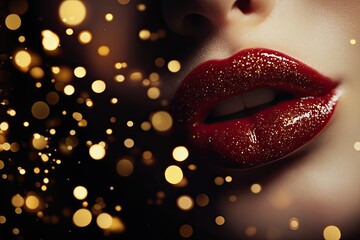 Glossy red lips blowing a kiss with golden glitter and bokeh effect