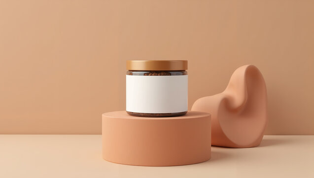 Mockup of Minimal cosmetic jar of coffee scrub with blank label placed on terracotta platform and abstract shape. Cosmetic jar scene emphasizes clean branding and modern packaging presentation