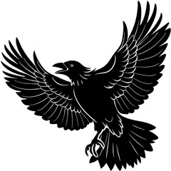 Obraz premium A vector silhouette of a crow in flight, its wings flapping and beak open, 
