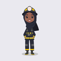 Vector of a Black Muslim Female Firefighter Wearing Hijab and Uniform