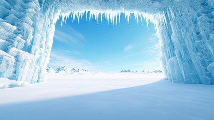 Impressive ice cave with bright sky and mountains