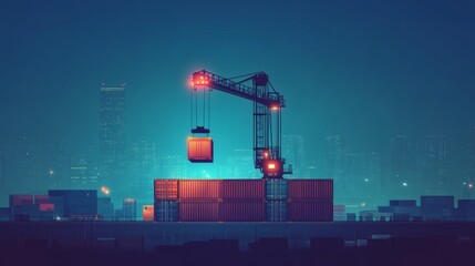 Obraz premium Night cityscape with cargo crane lifting container at port.