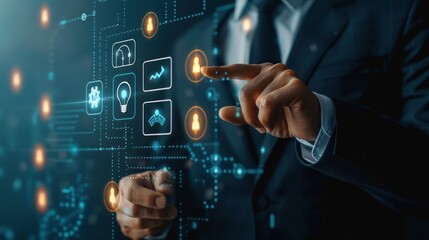 Obraz premium A man is pointing at a computer screen with a blue circle