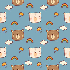 Face bear cartoon so cute. On rainbow cloud umbrella blue background. Pattern seamless vector illustration. 