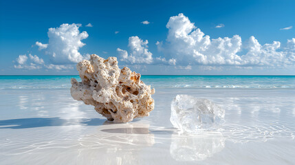 A serene beach scene features coral and ice in the shallows. Use this image for relaxation inspiration or serene vacation themes. Perfect for wallpapers or digital art.