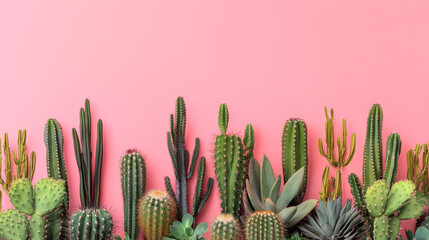 A vibrant composition featuring various types of cacti set against a soft pink gradient background, creating a modern botanical aesthetic