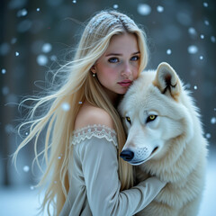 Ethereal blonde woman embracing a majestic white wolf in a snowy winter forest
