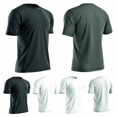 Black T-shirt design template for casual fashion, featuring front and back views, cotton material, and a clean, blank canvas for customization