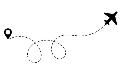 Minimalist airplane travel path with pins. Dashed route line representing a plane journey, romantic trip, business travel, and flight routes. Vector illustration isolated on a transparent background.