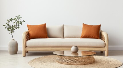 A stylish, modern living room featuring a light-colored sofa with orange cushions, a round coffee table, and a decorative plant, Sustainable Living.