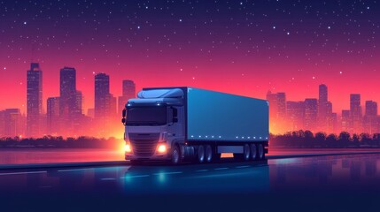 Semi-truck drives on highway at night, city skyline in background.