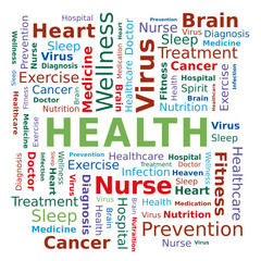 Nuage de Mots Santé en Anglais, Vecteur Multicolore