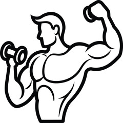 Muscular Man Outline with Dumbbell Lifting Arms Silhouette on Isolated Background