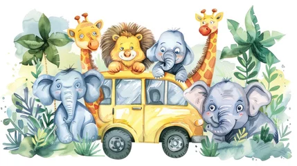 Animals safari funny Jungle cartoon riding a car in cartoon watercolor style. Generated AI