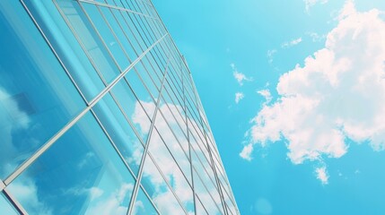 Modern office tall building with window glass reflection on blue sky view background. Generated AI