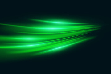 Green glowing speed lines. Light trail and vortex effect.