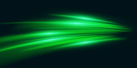 Green glowing speed lines. Light trail and vortex effect.