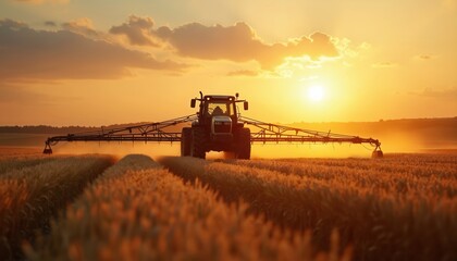 Obraz premium Tractor sprays agricultural field at sunset. Irrigation machinery working on farmland. Agriculture industry, food production, harvest concepts. Farming landscape, golden hour. Farmer works on crops