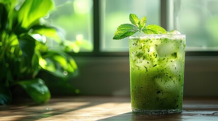 Refreshing green drink with ice and mint