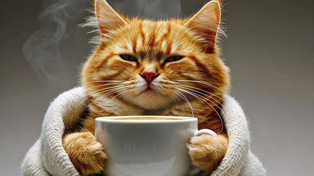 Ginger cat holding a large white mug with both paws, wrapped in a sweater, eyes closed with contentment. Steam rises from the cup, suggesting warmth and a peaceful moment