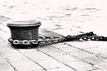 Illustrazione, bitta sul molo con catena