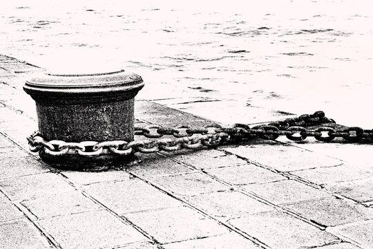 Illustrazione, bitta sul molo con catena