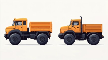 Side profiles of an orange dump truck, showcasing its design and features.
