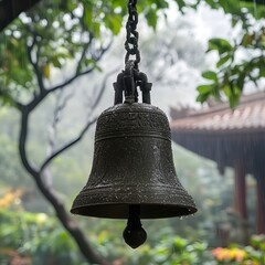 Obraz premium Ancient Bronze Bell Hanging in Rain Asian Temple Setting Tranquil Scene