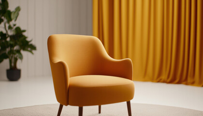modern yellow armchair with wooden legs in stylish room with yellow curtains