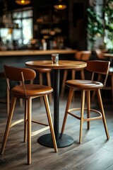 Fototapeta premium A seating area with bar tables and chairs in a modern industrial style cafe.
