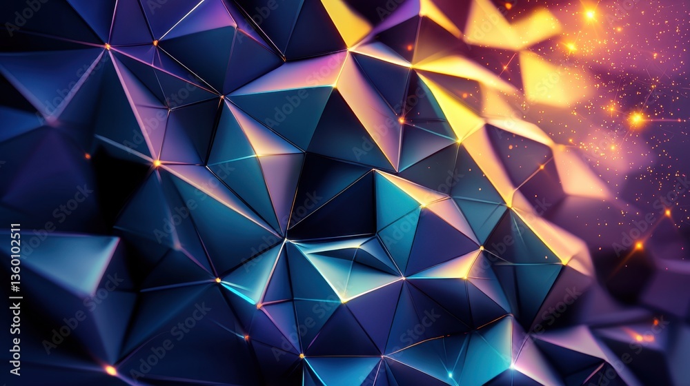 Poster modern abstract geometric background in violet hues with interconnected triangular facets and a soft